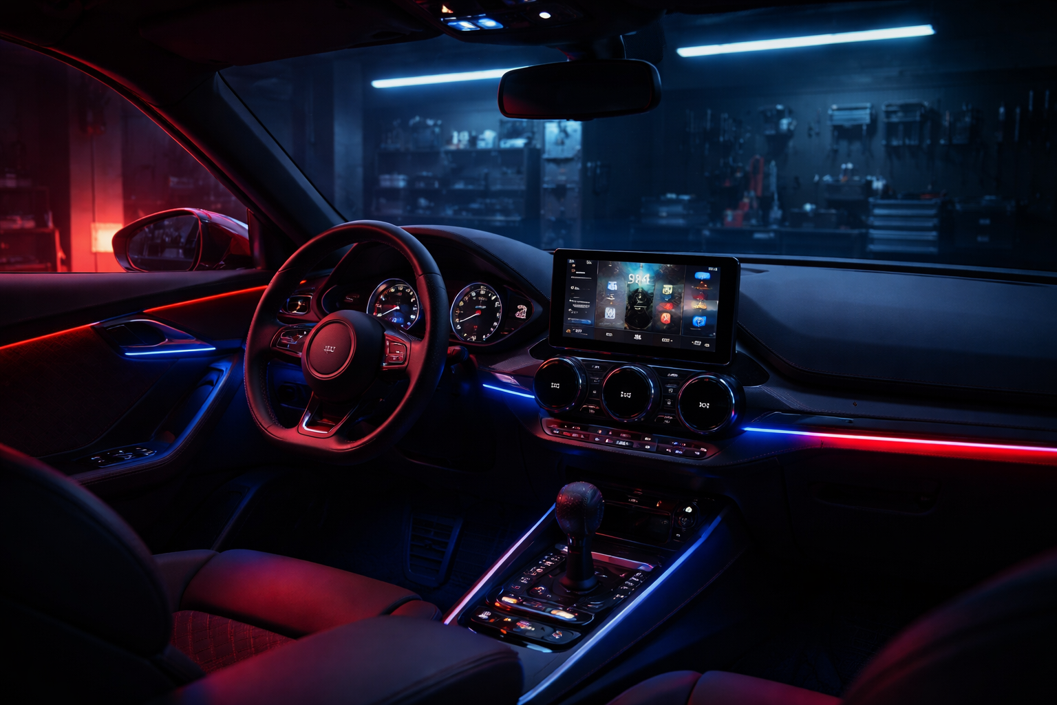Custom car audio interior with LED ambient lighting